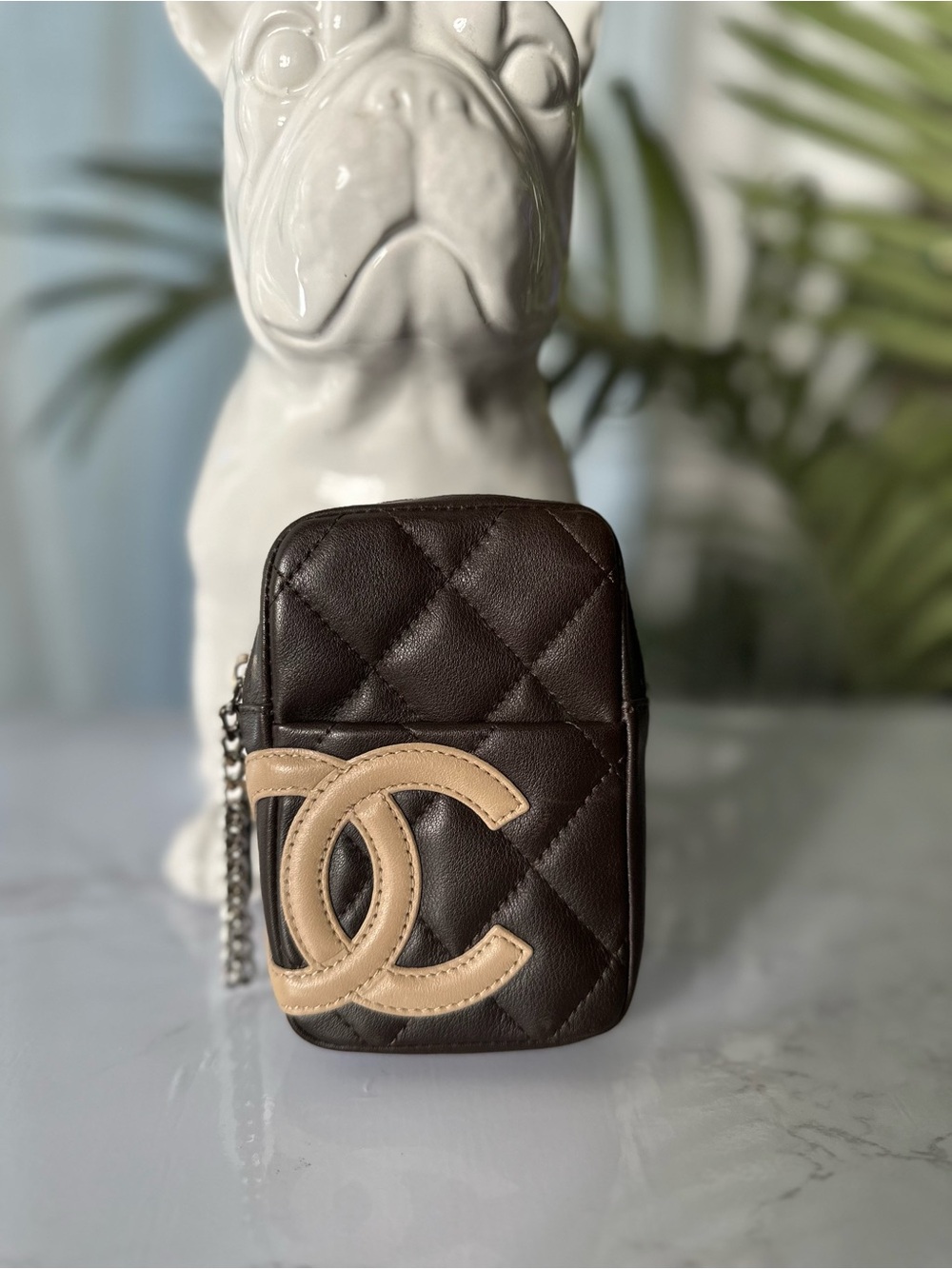 CHANEL Cambon Ligne Quilted Leather CC Belt Pouch Case Brown Beige